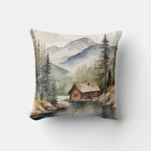 Rustic Mountain Watercolor Throw Pillow