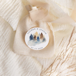 Rustic Mountain Watercolor Trees Monogram Classic Round Sticker
