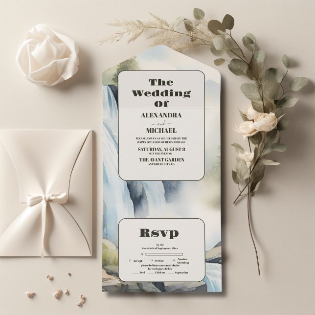 Rustic Mountain Waterfall Boho Wedding All In One Invitation (Creator Uploaded)
