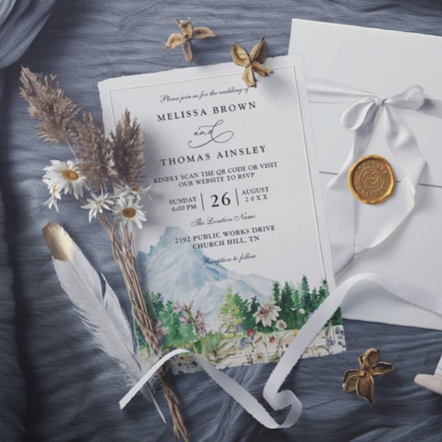 Rustic Mountain Wildflower Boho QR Code Wedding Invitation (Creator Uploaded)