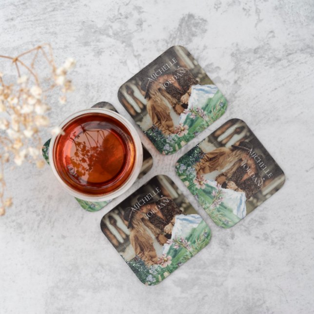 Rustic Mountain Wildflower | Boho Wedding Photo  Square Paper Coaster (Creator Uploaded)