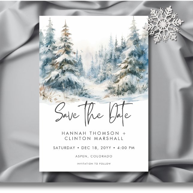 Rustic Mountain Winter Scene Watercolor Photo Save The Date (Rustic Mountain Winter Scene Watercolor Photo Save The Date)