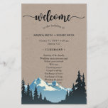 Rustic Mountain Woodland Forest Wedding Program<br><div class="desc">Beautiful MOUNTAIN WEDDING program paper sheet design featuring a watercolor mountain with trees silhouette and a big "welcome" in an elegant script as well as the wedding program details on a rustic kraft-textured background for you to personalize.</div>