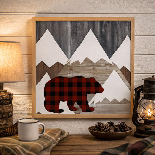 Rustic Mountains Buffalo Plaid Woodland Bear  Poster