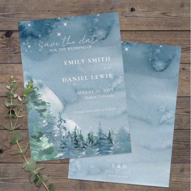 Rustic Mountains Dark Dusty Blue Watercolor Save The Date (Rustic Mountains Wedding Save the Date in Dark Dusty Blue )