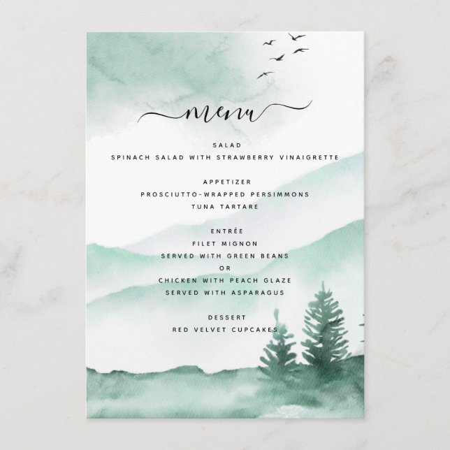 Rustic Mountains Forest Watercolor Modern Menu (Front)