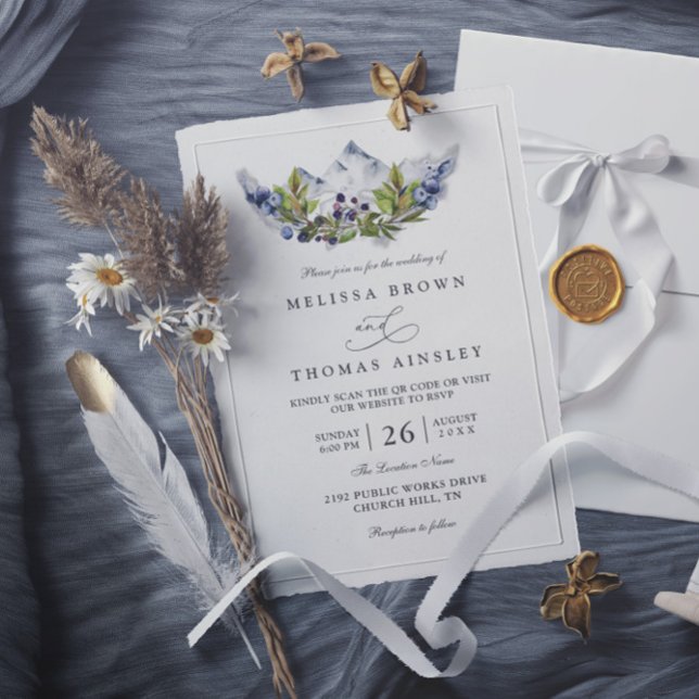 Rustic Mountains Forest Watercolor QR Code Wedding Invitation (Creator Uploaded)