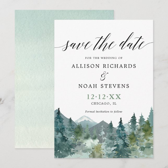 Rustic mountains forest watercolor Save the Date Invitation (Front/Back)