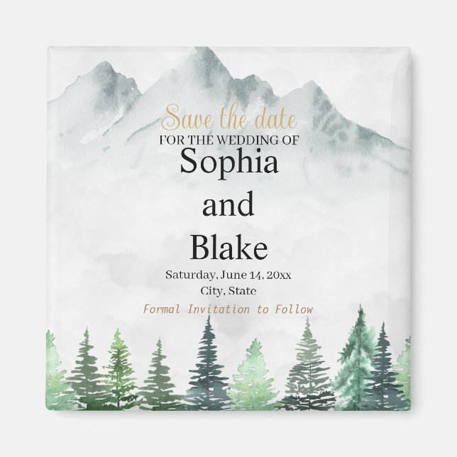 Rustic Mountains & Forest Watercolor Save the Date Magnet (Front)