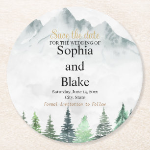 Rustic Mountains & Forest Watercolor Save the Date Round Paper Coaster