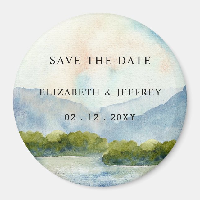 Rustic Mountains Lake Save The Date Magnet (Front)
