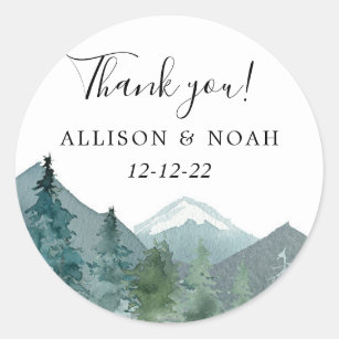 Rustic mountains outdoor theme forest woods favour classic round sticker