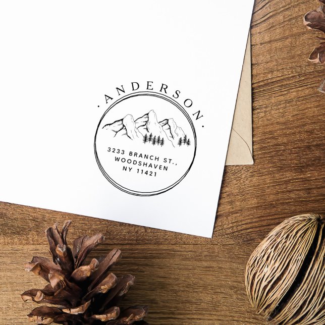 Rustic Mountains Pine Trees Custom Return Address Rubber Stamp (Creator Uploaded)