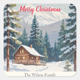 Rustic Mountains Snow Country Cabin Christmas Square Sticker