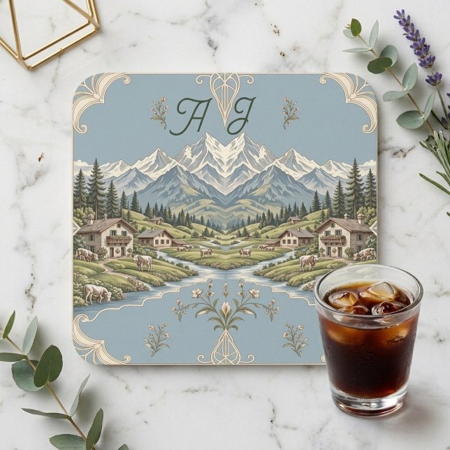 Rustic Mountains Snowclad Alpine Forest Monograms  Coaster (Rustic Mountains Snowclad Alpine Forest Monograms Beverage Coaster)