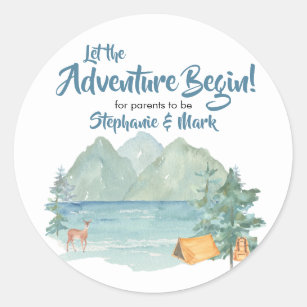 Rustic Mountains Watercolor Adventure Baby Shower Classic Round Sticker