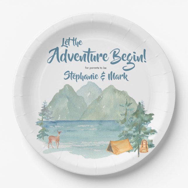 Rustic Mountains Watercolor Adventure Baby Shower  Paper Plate (Front)