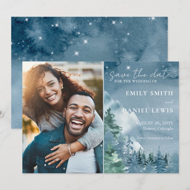 Rustic Mountains Watercolor Dark Dusky Blue Save The Date (Front/Back)