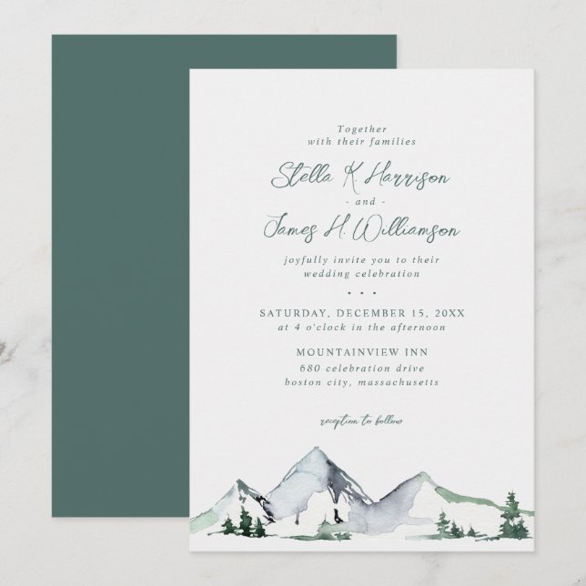 Rustic Mountains Watercolor Wedding Invitation (Front/Back)