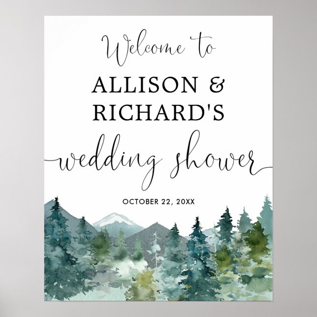 Rustic mountains wedding shower welcome sign (Front)