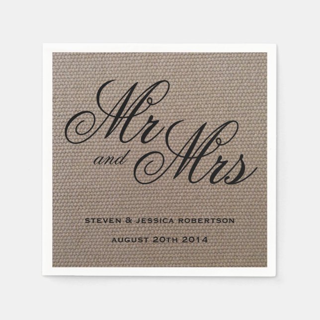 Rustic Mr and Mrs burlap wedding napkins (Front)