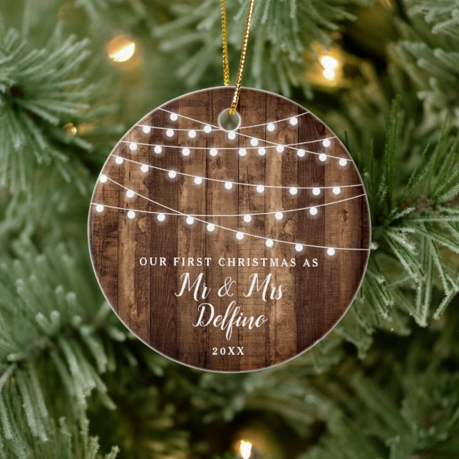 Rustic Mr and Mrs Personalized Wood String Lights Ceramic Ornament (Tree)