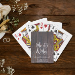 Rustic Mr and Mrs Wedding Playing Cards<br><div class="desc">Fun rustic playing cards for party favours,  your wedding events and newlywed life featuring a faux dark wood background with "Mr & Mrs" in a large white script and a white illustration of two hearts joined together. Personalize with your names and wedding date.</div>