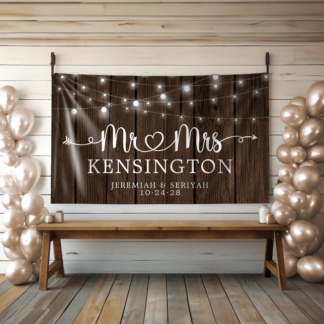 Rustic Mr Mrs Heart String Lights Wood Wedding Banner (Rustic Mr Mrs Heart String Lights Wood Wedding Banner)