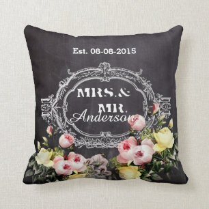 rustic mr. mrs  vintage flowers Chalkboard wedding Throw Pillow