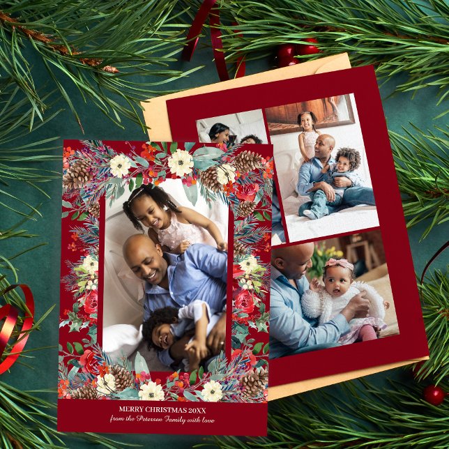 Rustic multi photo watercolor botanical Christmas Holiday Card (Creator Uploaded)