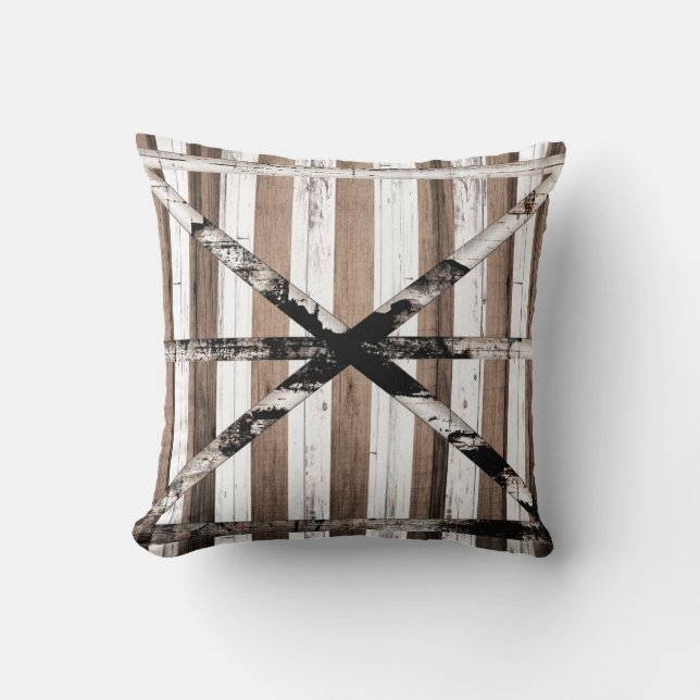 Rustic Multi Wood White & Brown Barn Door Throw Pillow (Front)