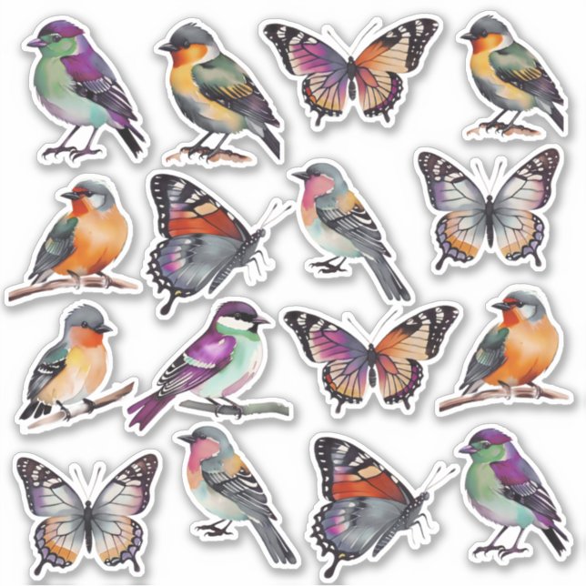 Rustic Multicolor Watercolor Birds and Butterflies (Front)