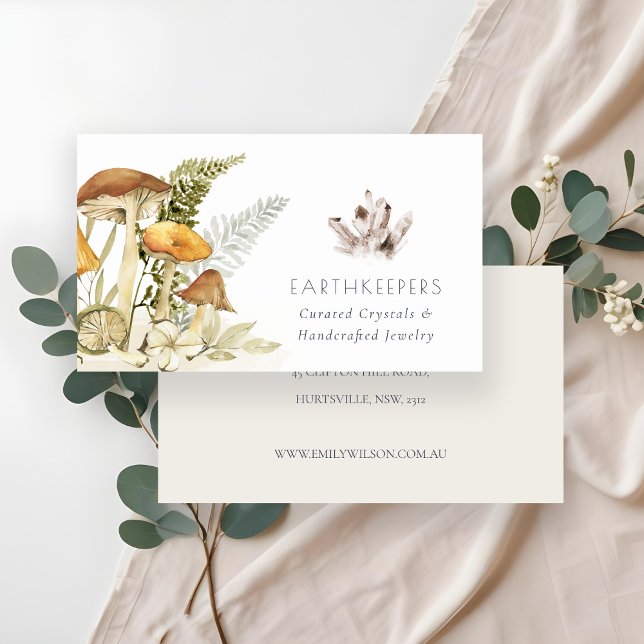 Rustic Mushroom Fern Foliage Crystal Autumn Business Card (Creator Uploaded)