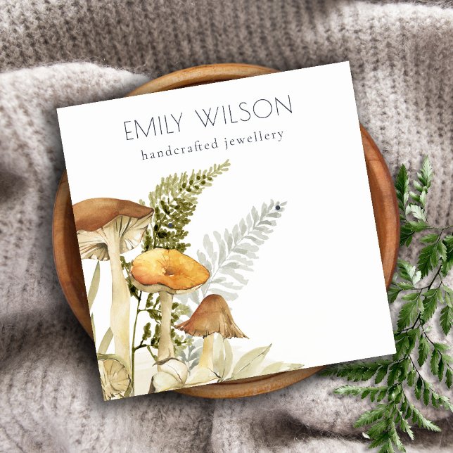 Rustic Mushroom Fern Foliage Stud Earring Display Square Business Card (Creator Uploaded)