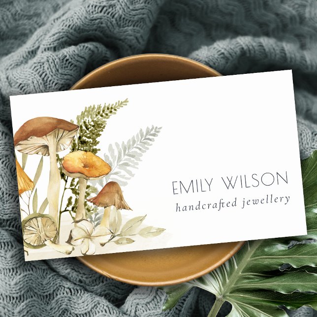 Rustic Mushroom Fern Foliage Watercolor Autumn Business Card (Creator Uploaded)