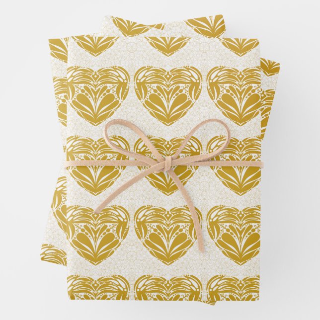 Rustic Mustard Gold Decorative Heart Pattern Wrapping Paper Sheet (In situ)