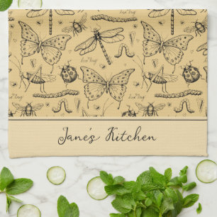 Rustic Mustard Yellow and Black Insect Kitchen Towel