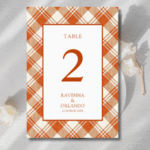 Rustic Muted Orange Plaid Gingham Wedding Table Number