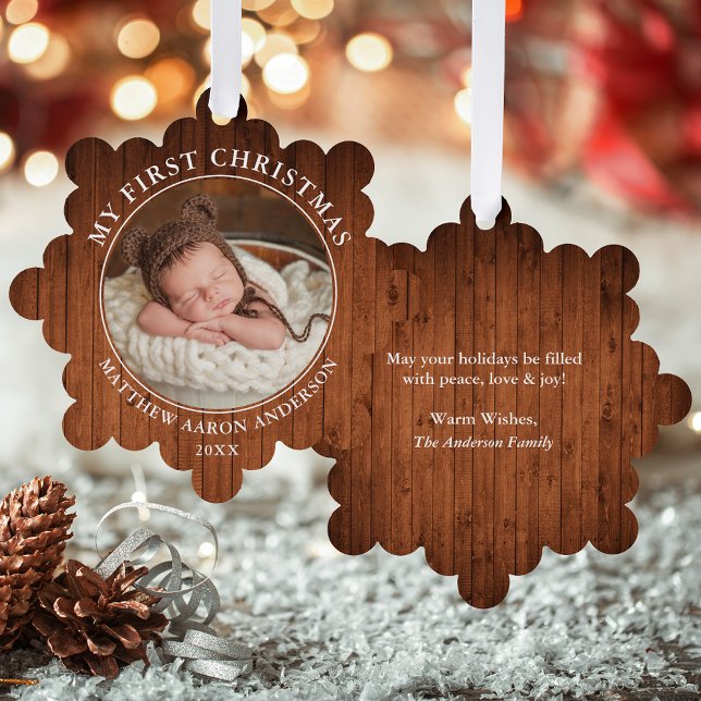 Rustic My First Christmas Photo Ornament Card (A greeting card that is also an ornament! Customize with your photo and personalized text.)