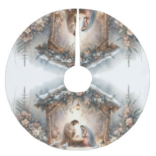 Rustic Nativity Scene with Winter Florals Brushed Polyester Tree Skirt
