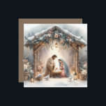 Rustic Nativity Scene with Winter Florals Card<br><div class="desc">This serene nativity scene captures the peaceful beauty of the Holy Family beneath a rustic wooden stable, gently lit by lanterns and surrounded by soft snowfall. The design features Mary, Joseph, and baby Jesus in a warm, reverent moment, accentuated by delicate winter florals, snow-covered pine branches, and glowing string lights....</div>