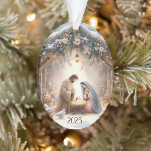 Rustic Nativity Scene with Winter Florals Card Ornament