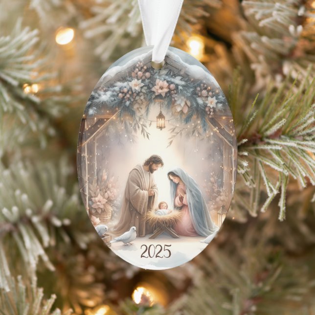 Rustic Nativity Scene with Winter Florals Card Ornament (Tree)