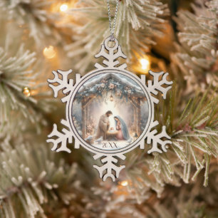 Rustic Nativity Scene with Winter Florals Card Snowflake Pewter Christmas Ornament