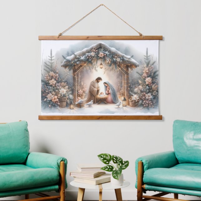 Rustic Nativity Scene with Winter Florals Hanging Tapestry (Living Room)