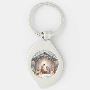 Rustic Nativity Scene with Winter Florals Keychain