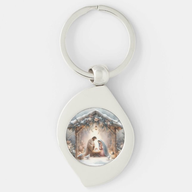 Rustic Nativity Scene with Winter Florals Keychain (Front)
