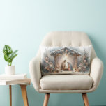Rustic Nativity Scene with Winter Florals Lumbar Pillow<br><div class="desc">This serene nativity scene captures the peaceful beauty of the Holy Family beneath a rustic wooden stable, gently lit by lanterns and surrounded by soft snowfall. The design features Mary, Joseph, and baby Jesus in a warm, reverent moment, accentuated by delicate winter florals, snow-covered pine branches, and glowing string lights....</div>
