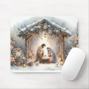 Rustic Nativity Scene with Winter Florals Mouse Pad