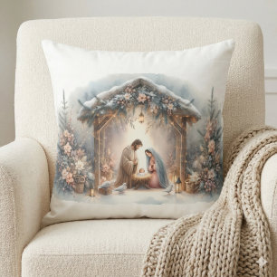 Rustic Nativity Scene with Winter Florals Throw Pillow